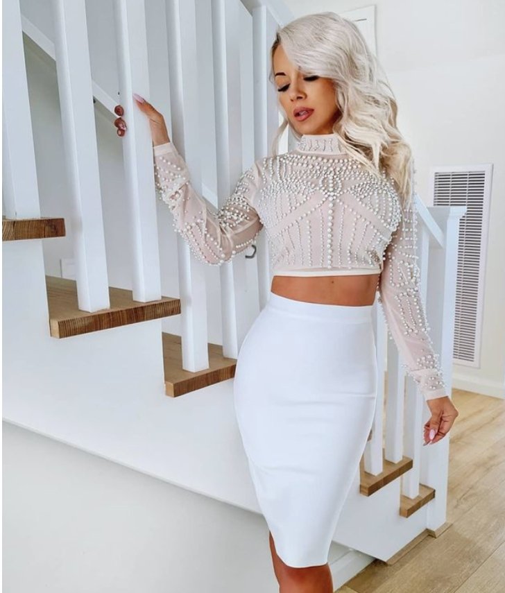 2 piece set white 2 piece set pearl top white skirt bandage skirt pearl crop top